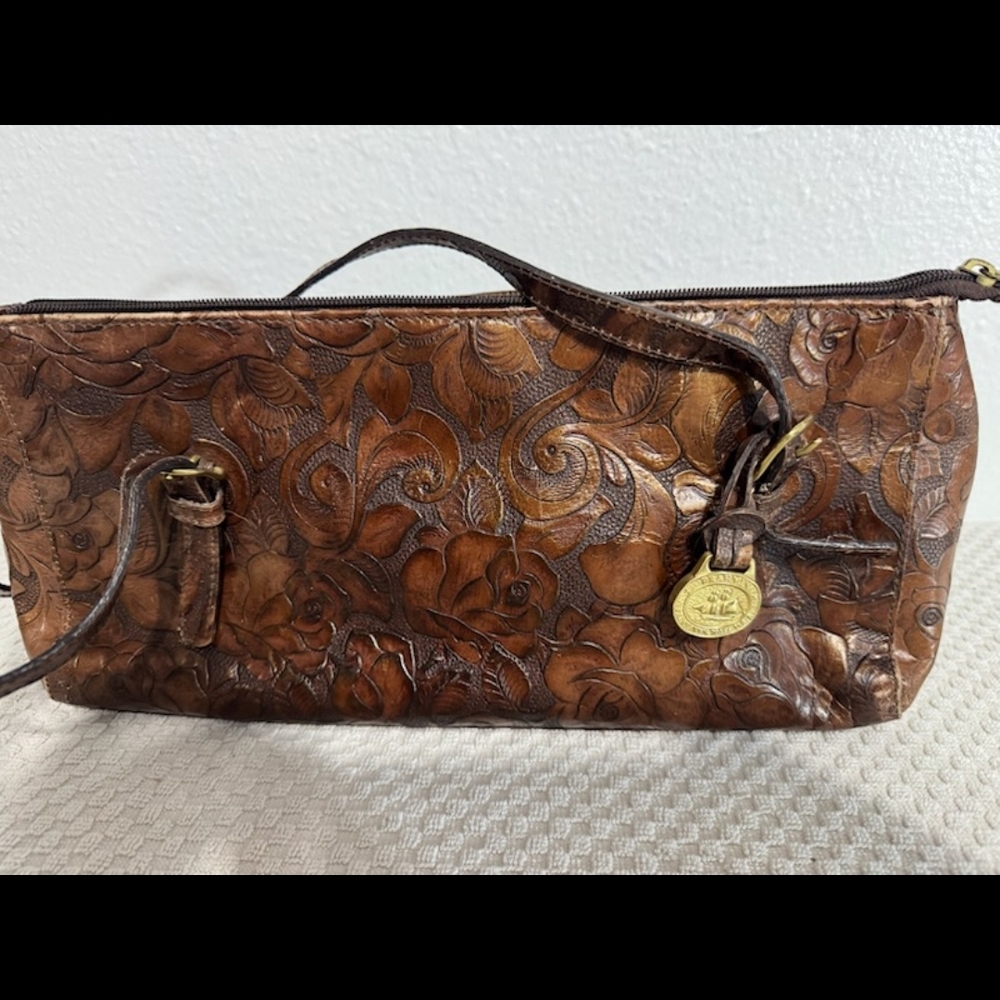 Brahmin Floral Embossed Brown Leather Handbag EUC